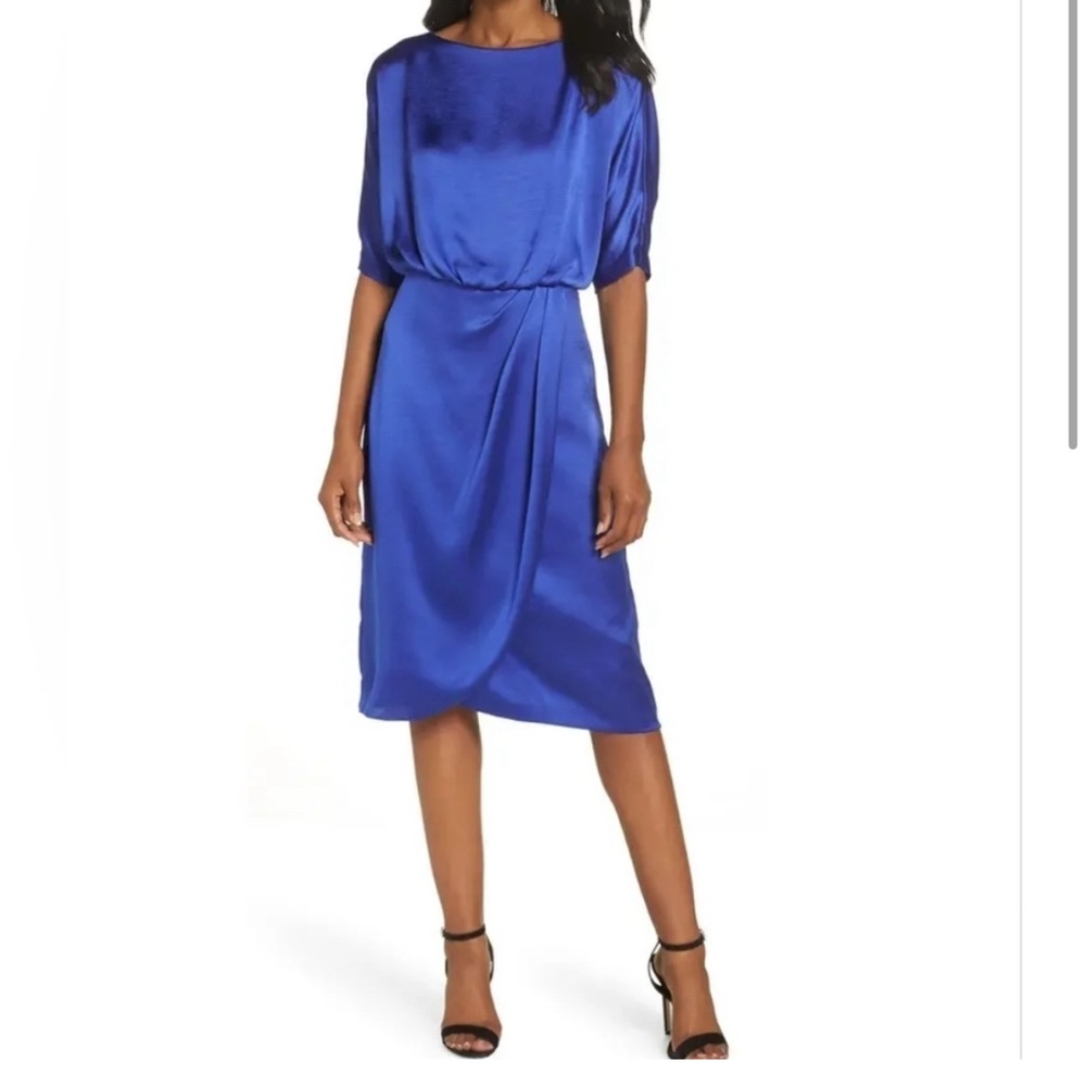 NWT Maggie London size 16 blue satin faux wrap dress
